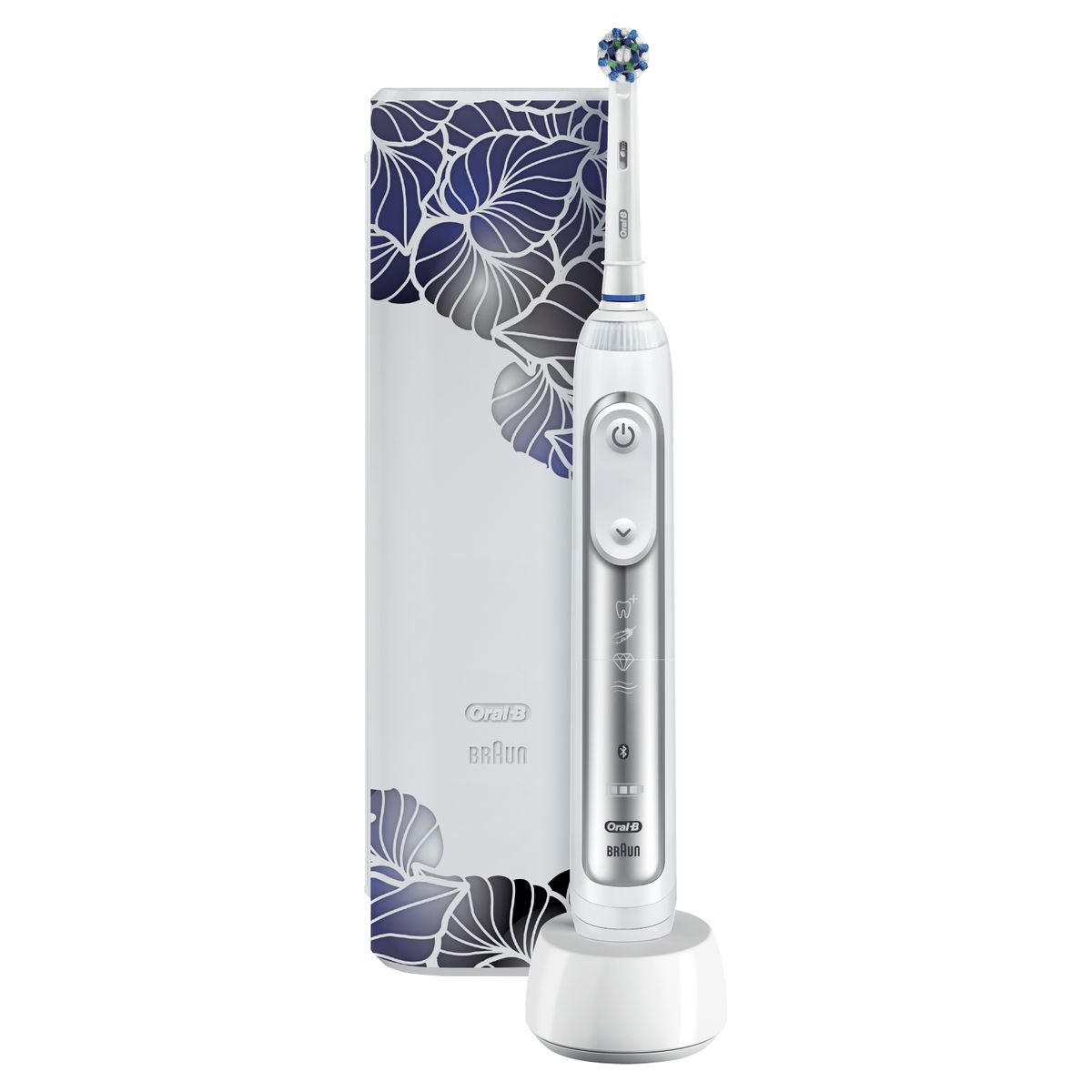 Oral-B Genius 8500 Electric Toothbrush/Electric Toothbrush, 6 Brushing Modes for Dental Care & Bluetooth App, Design Edition with Travel Case, Gift for Her/Him, Silver Case Purple