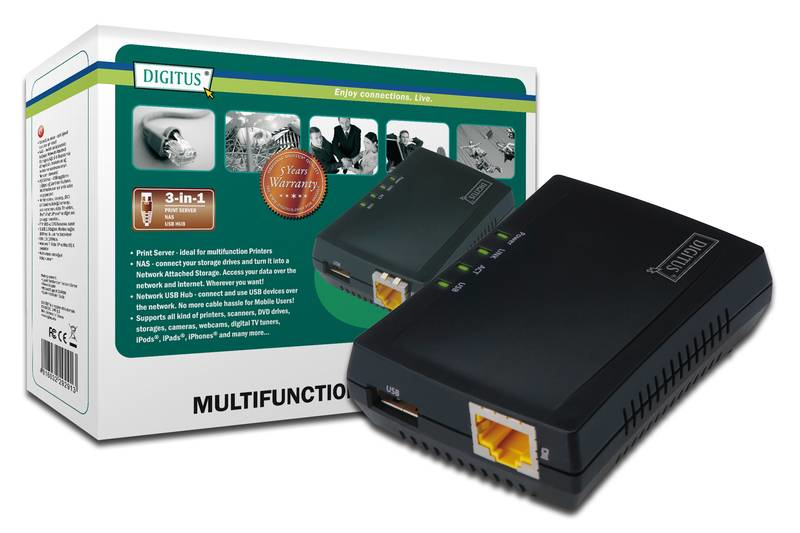 digitus USB Netzwerkserver DIGITUS 1-Port Printserver NAS + USB HUB