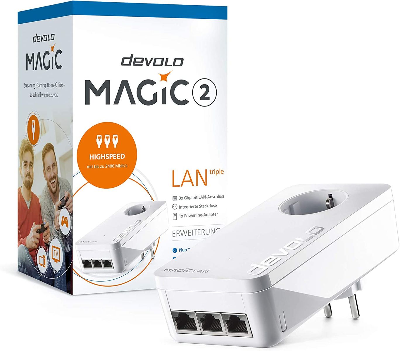 devolo LAN Powerline Adapter Magic 2 LAN triple Erweiterungsadapter -bis 2.400 Mbit/s ideal für Gaming 3x Gigabit LAN Anschluss dLAN 2.0 ohne WLAN Triple+ Erweiterungsadapter Magic 2 LAN