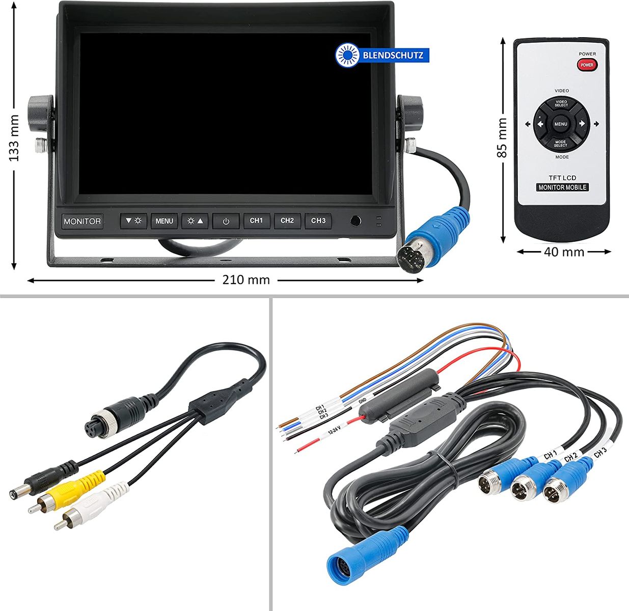 VSG 13163 – 7 1080P-HD LKW Rückfahrmonitor, Heavy Duty, Monitor inkl. Adapterkabel, e-Zulassung, Nachtsicht, 3 x AV IN, 12-24 V 22A. 7 1080P-HD Rückfahrmonitor