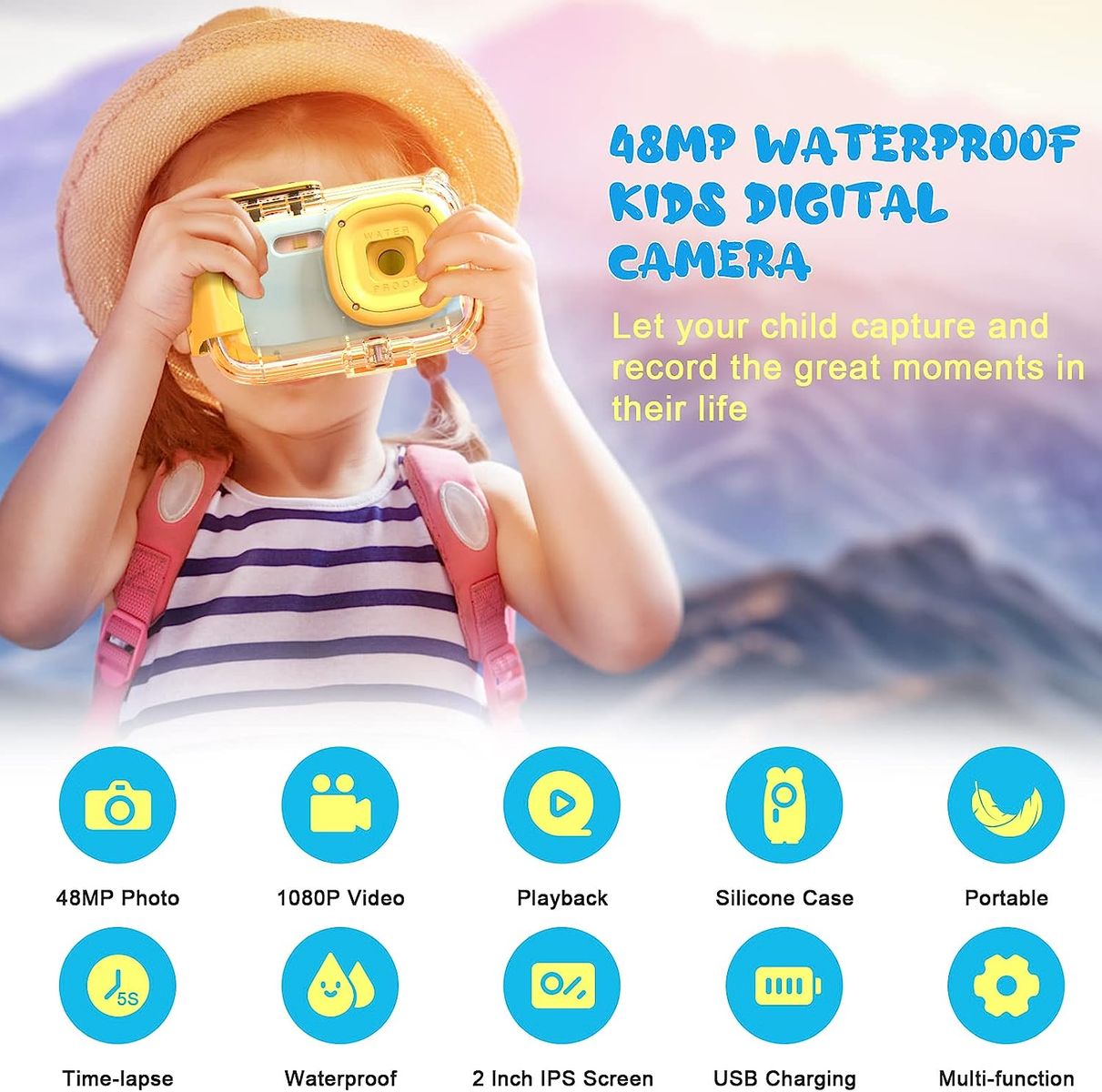DioKiw 48MP Kinder Kamera, Mini Digitale wasserdichte Kinderkamera 1080P FHD Video Spielzeugkamera mit 2,0 IPS Bildschirm, 16GB SD-Karte, Silikonhülle, Geschenke für Jungen Mädchen im Alter von 3-12
