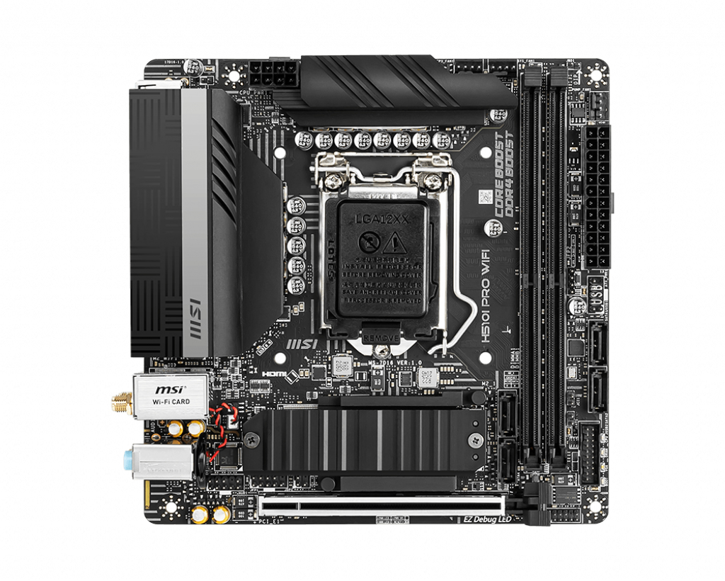 MSI H510I PRO WIFI Mainboard Mini-ITX, unterstützt Intel Core Prozessoren 11. Generation, LGA 1200, 2 x DIMMs (3200MHz), 1x PCIe 4.0 x16, 1x M.2 Gen3, VRM-Kühlkörper, 2.5G LAN, Wi-Fi 6 & Bluetooth 5.1