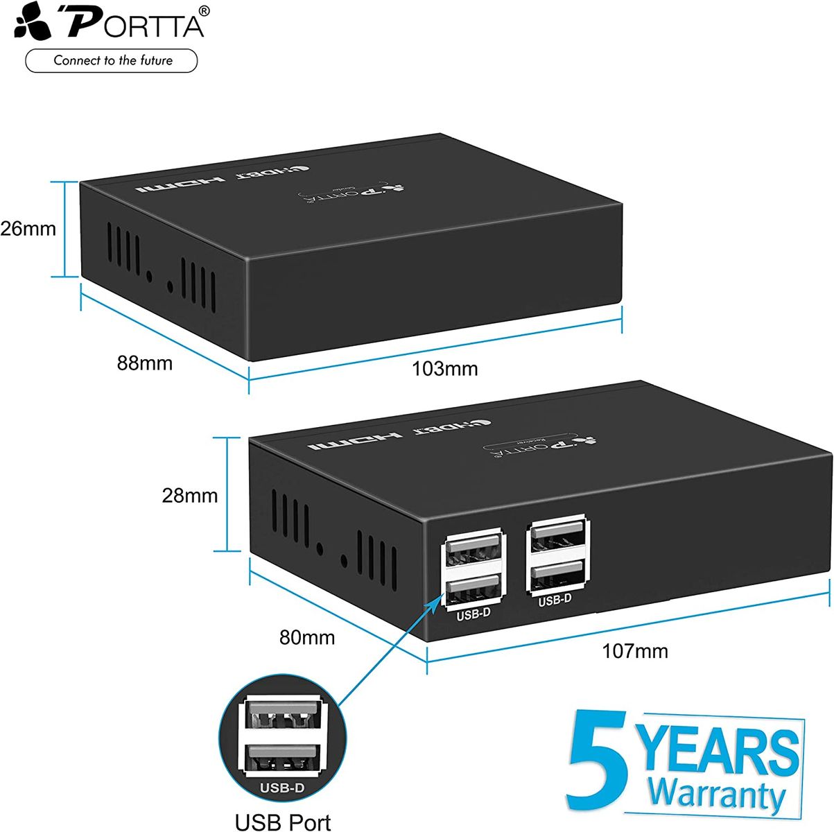 Portta HDMI HDBaseT Extender USB2.0 KVM Extension 4K@60Hz 4:2:0 100M(328ft) HDCP 2.2 über einzige UTP CAT5e/CAT6/CAT7 Ethernet Kabel mit High-Speed 6 Ports USB 2.0 Hub CEC LPCM7.1 DTS Dolby Digital