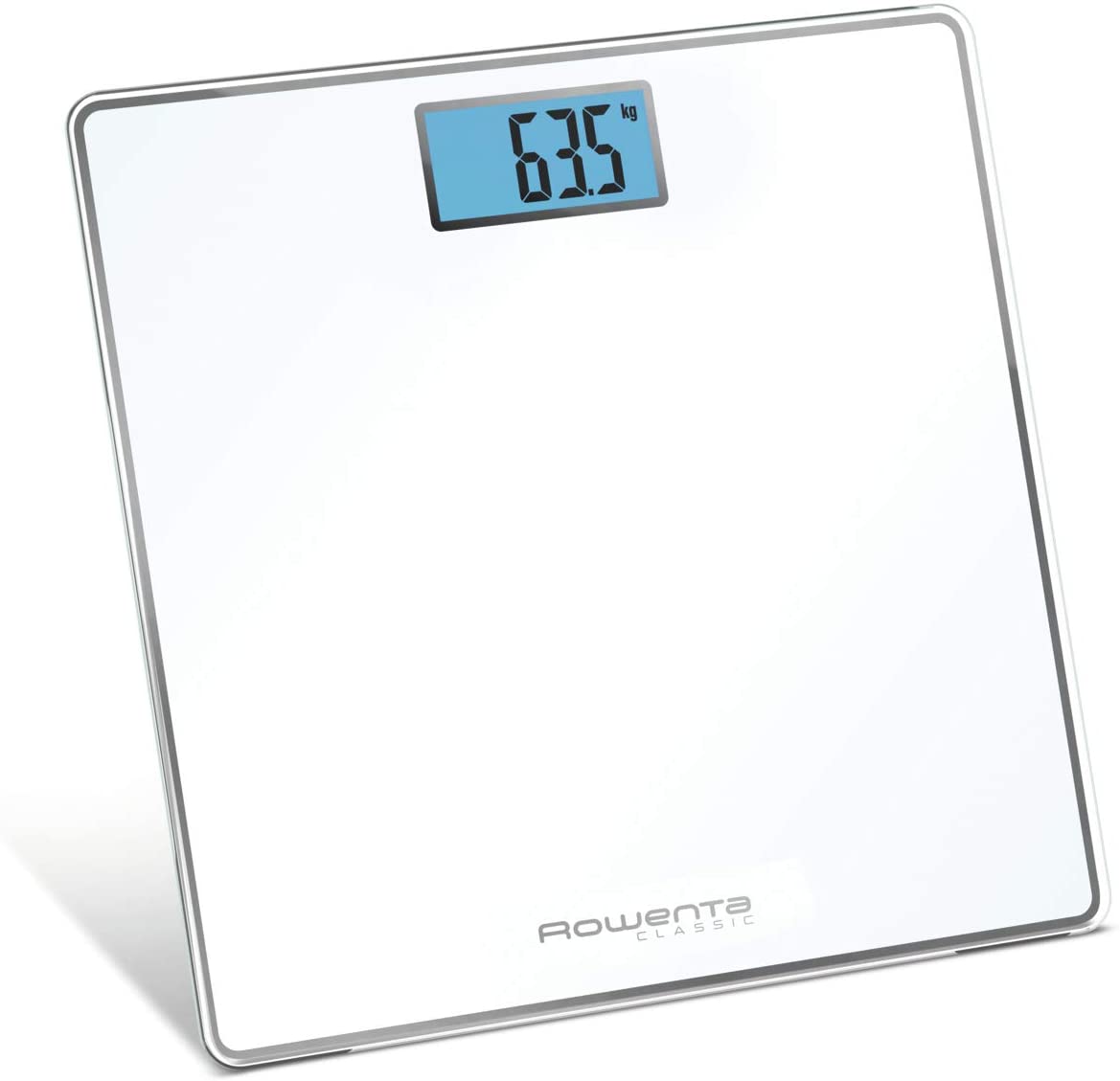 Rowenta BS1501 Classic Electronic Personal Scale, 31 x 31 cm, up to 160 kg with precision scale per 100 g, 22 mm thick, batteries included, tempered glass, white.