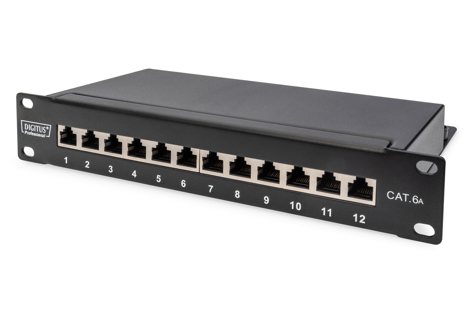 DIGITUS Cat-6A Patchpanel - 12 Ports - RJ45-Buchsen - 10-Zoll Rack-Mount 1HE - LSA Verteilerfeld - Geschirmt - Schwarz Cat6A - 12 Port - Geschirmt Schwarz