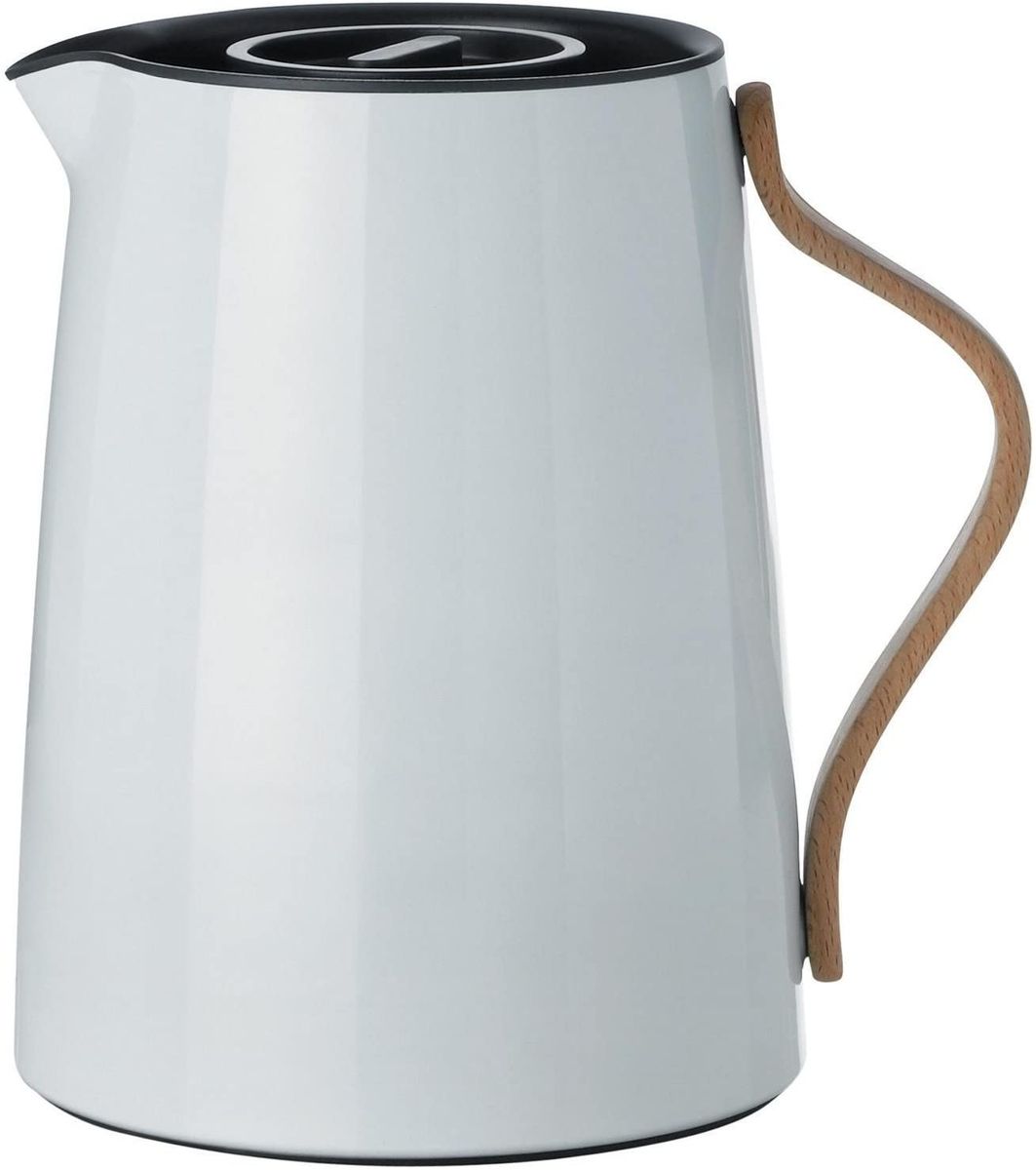 Stelton Tea Insulated Jug Emma - Insulated plastic teapot with lid & stainless steel thermal insert - Modern design, clever integrated infusion filter & beech wood handle - 1 liter, Light Blue White