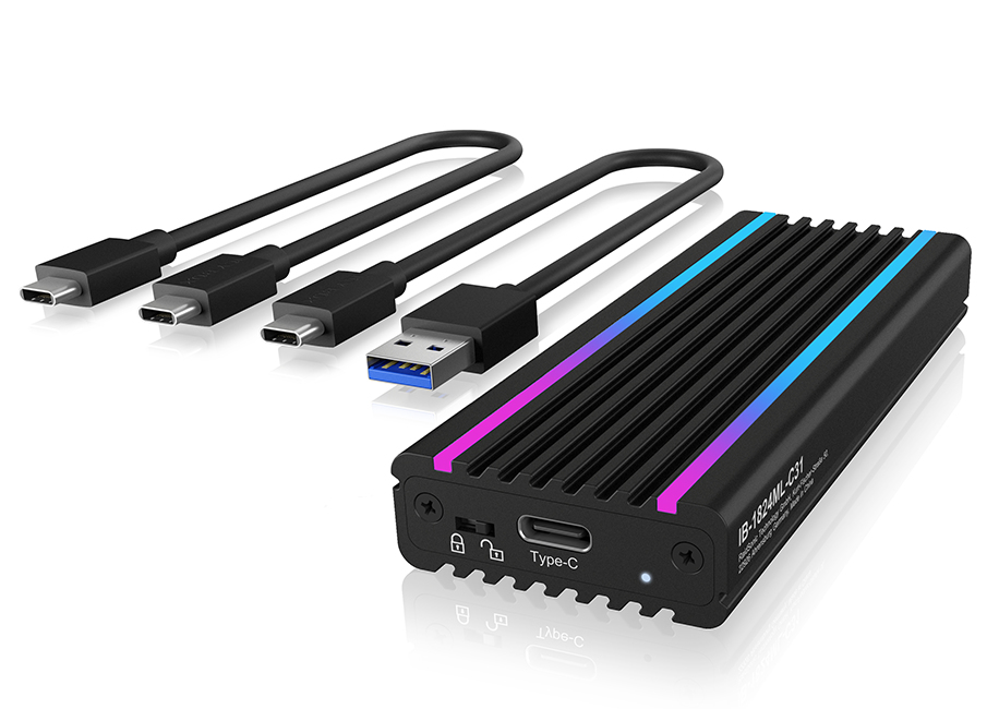 ICY BOX IB-1824ML-C31 SSD M.2 NVMe Gehäuse mit RGB LED Beleuchtung, USB 3.1 (Gen2, 10 Gbit/s), Kühlsystem, USB-C, USB-A, PCIe M-Key, Aluminium, Schwarz Schwarz/RGB