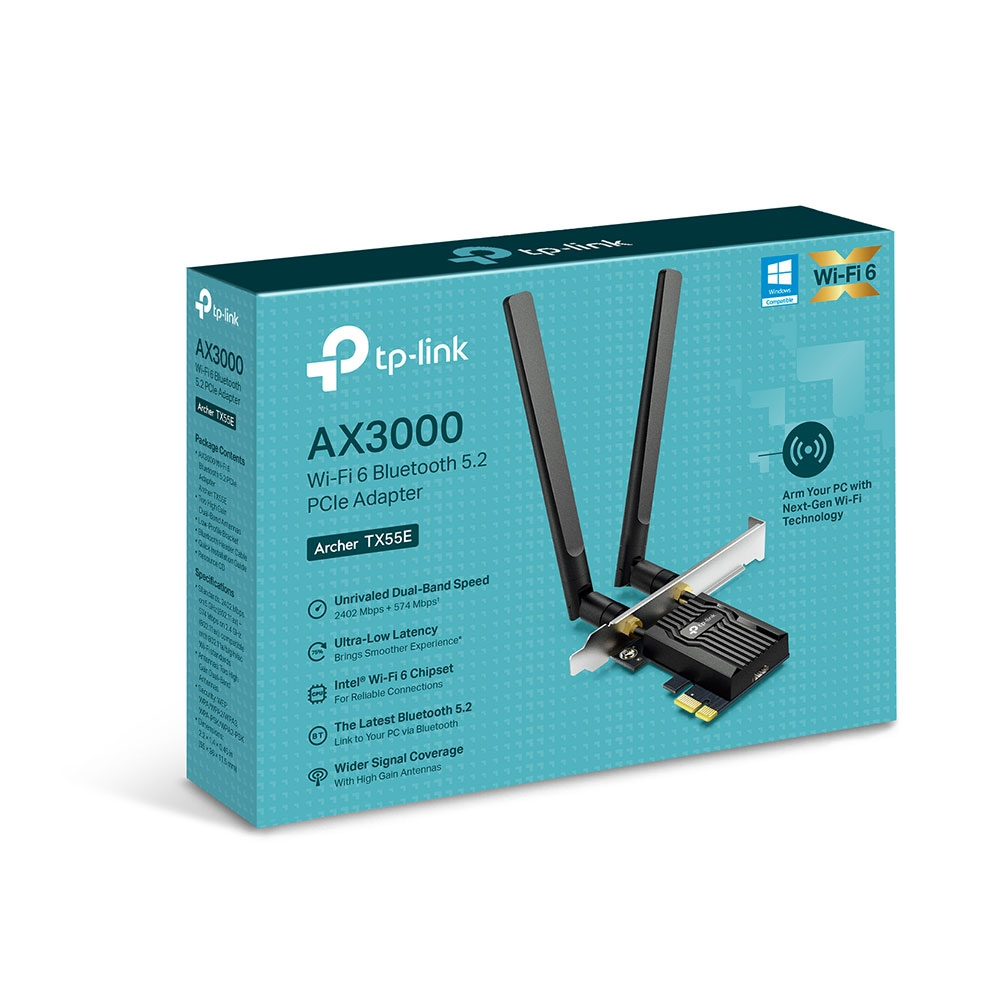 TP-Link Archer TX55E AX3000 Wi-Fi 6 Bluetooth 5.2 PCIe-Adapter, max 2402 Mbit/s 5 GHz und max 574 Mbit/s 2,4 GHz, WPA3-Verschlüsselungsstandard, MU-MIMO, Unterstützt nur Windows 11/10 (64-bit)