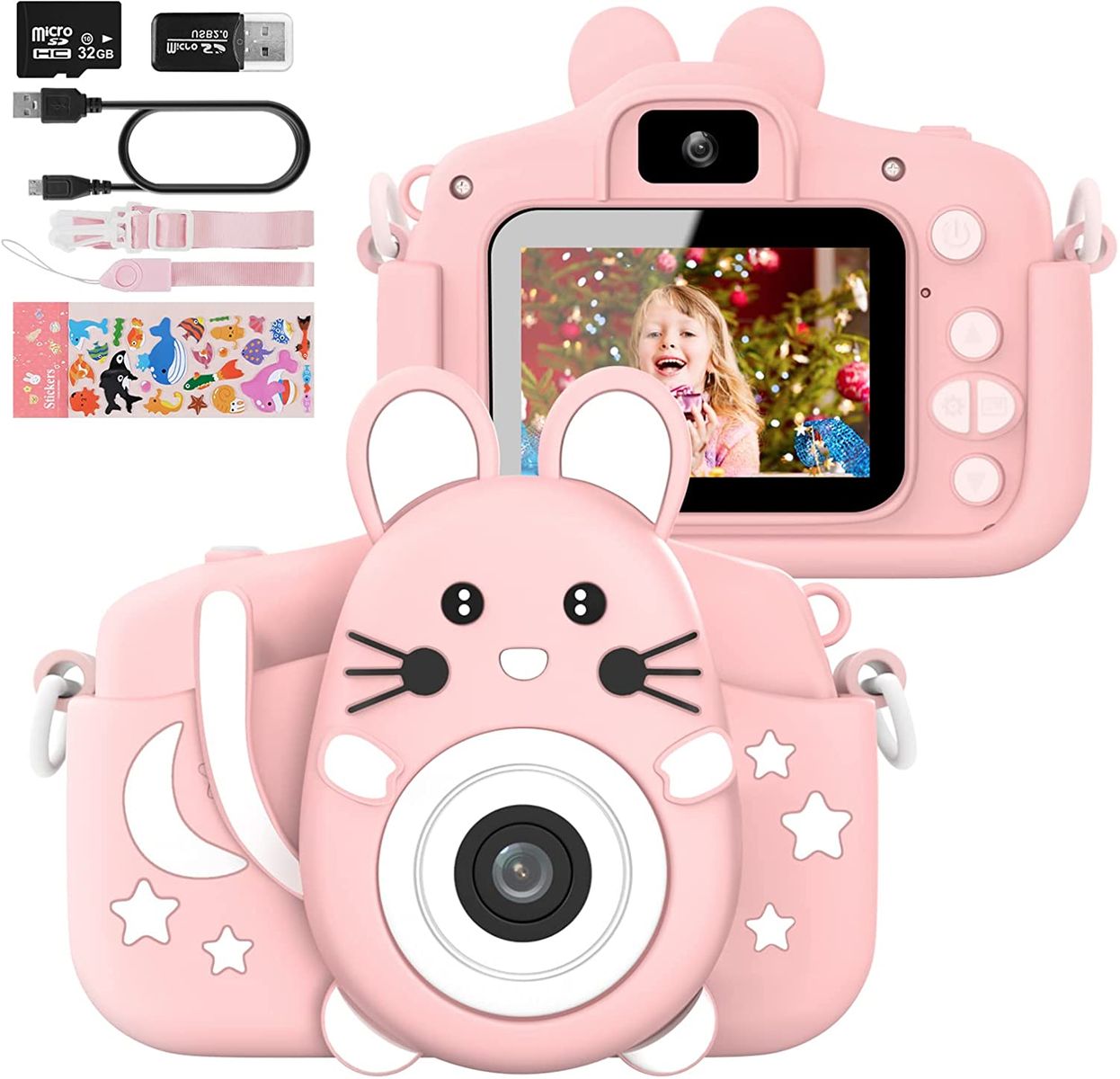 Kids Camera with Silicone Case, 20.0MP Rechargeable Kids Digital Dual Camera with 2.0 Inch IPS Screen 1080P Video Camcorder, 32GB SD Card, Selfie Childrens Camera Toy for Boys & Girls Age 3-12, Pink A-Pink