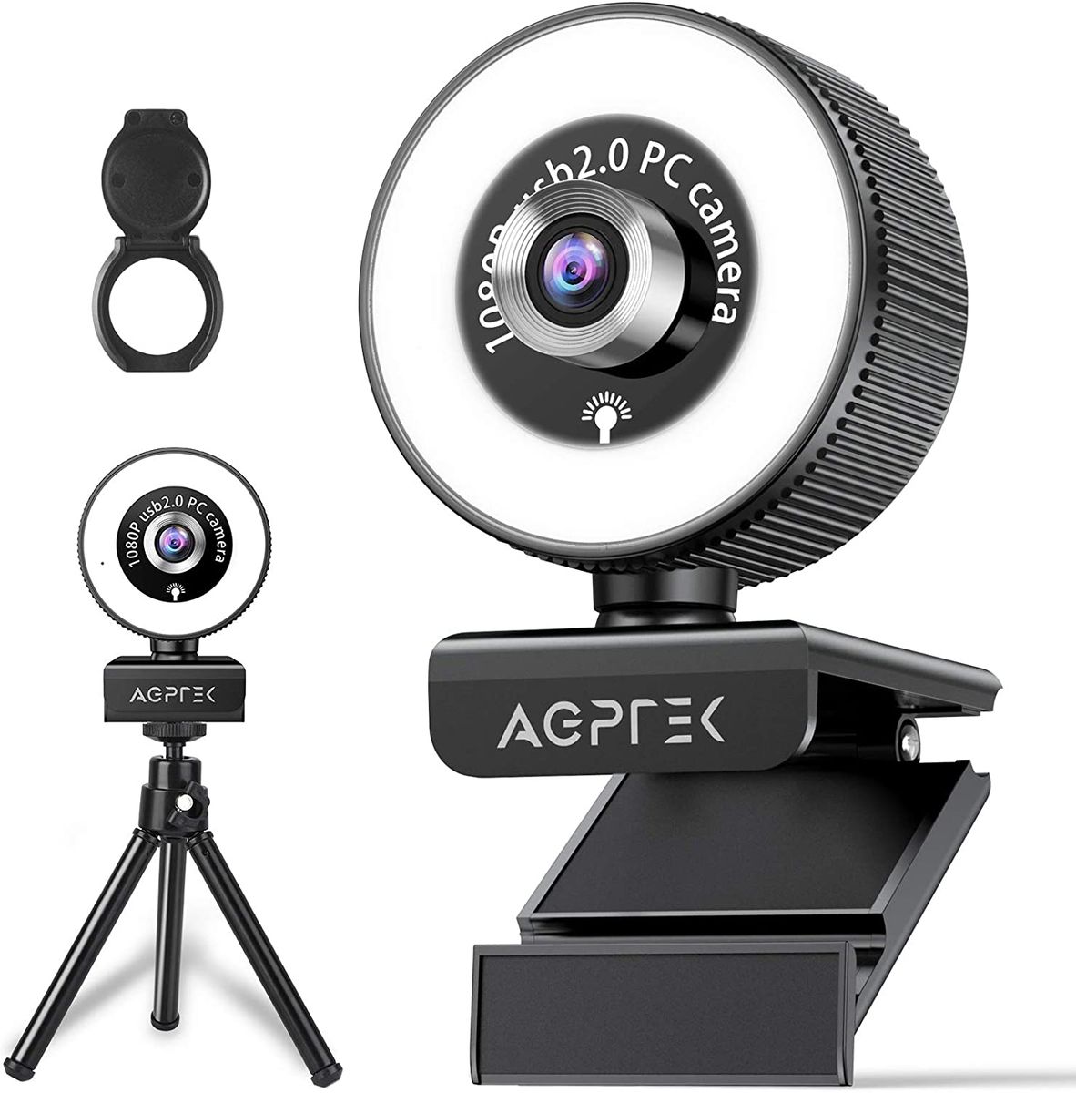 AGPTEK Webcam, 1080P Full HD,Stereo Mikrofon, 360° Drehung,95° Blickfeld, Ringlicht, Abdeckung, Stativ, PC USB Kamera,Facecam für Streaming, Video-Chat, Online-Kurse,Spiel,Kompatibel mit Windows, Mac