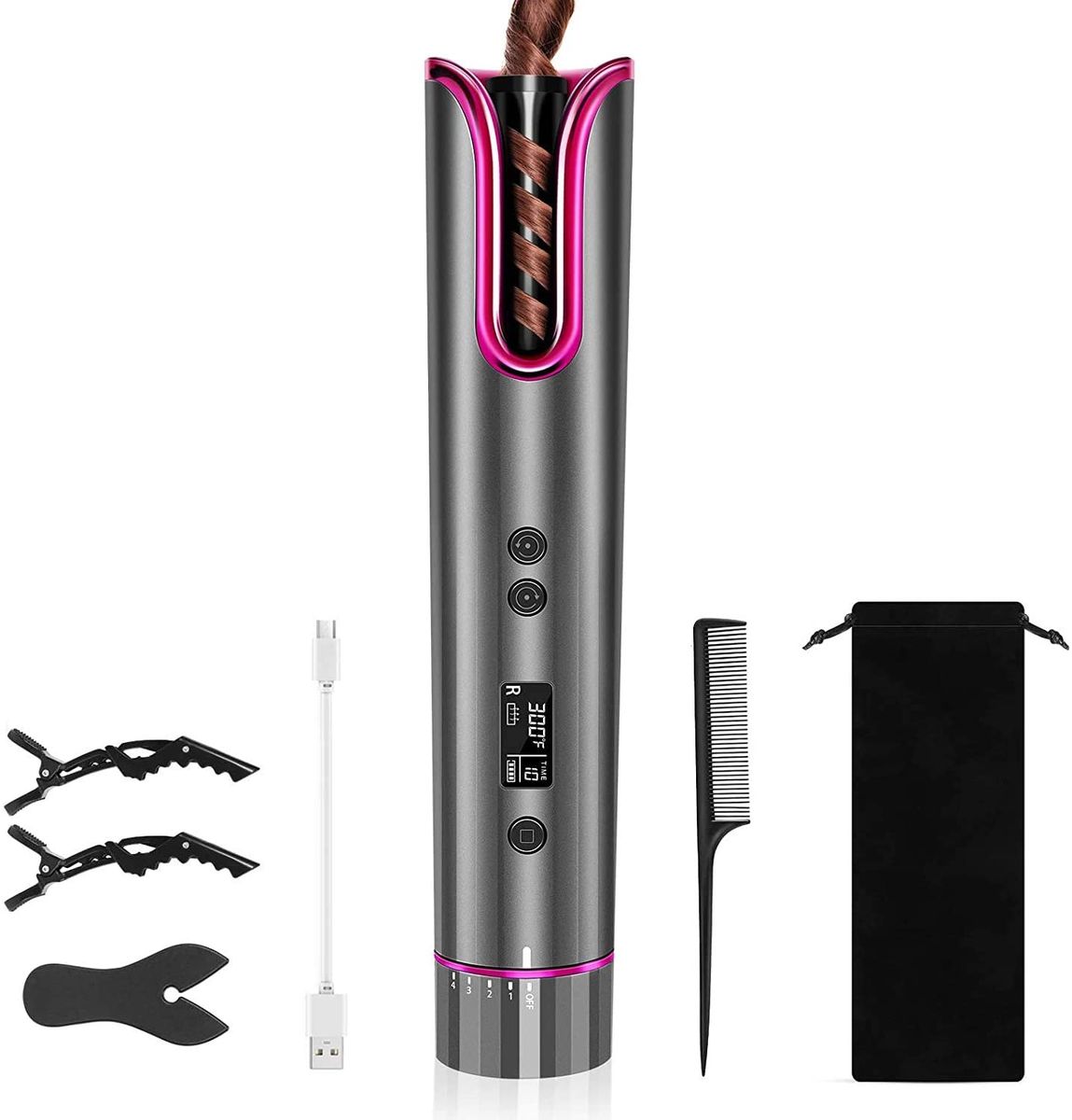 AZ GOGO Wireless Hair Curler with Scalding Protection and Built-in Battery, LCD Display, USB Curling Irons, Temperature Adjustable, Fast Heating