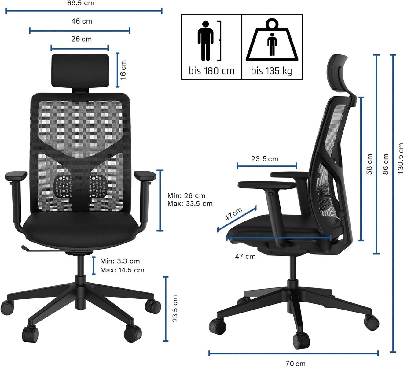 KLIM K400 Office Chair - Ergonomischer Bürostuhl + Weiches Sitzkissen & Stoff + Inklusive Kopfstütze + Max 135 kg & 180 cm + Verstellbarer Stuhl für Büro und Zuhause