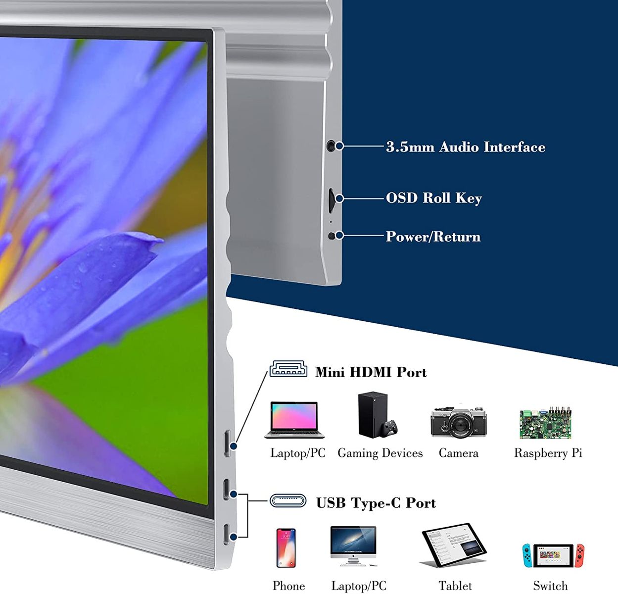 KUMK Portable Monitor Touchscreen 15" FHD USB-C HDMI