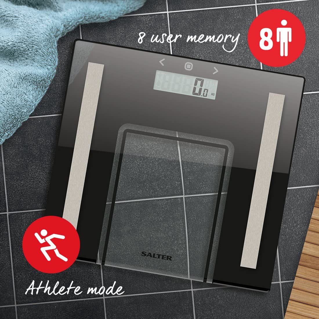 SALTER glass analytical scale, Weigh weight, body fat, body water percentage, BMI, Person memory for up to 8 people, Athlete mode, Slim design, Easy to read display.