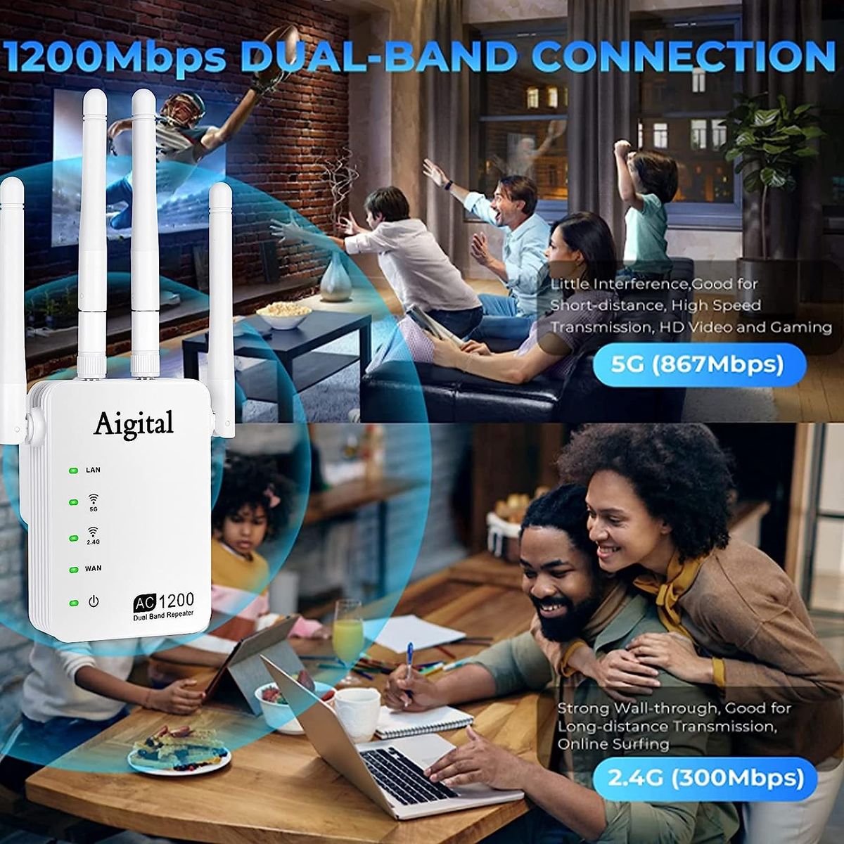 Aigital 1200Mbit/s WLAN Repeater Handlichen WLAN Verstärker Extender DualBand 2.4GHz/5GHz Ethernet-Anschluss 4 Antenne kompatibel zu Allen WLAN Geräten Einfache Einrichtung-802.11 AC/B/G/N Weiss