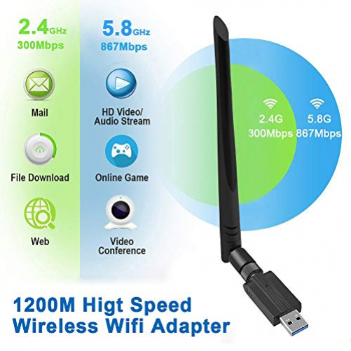 Maxesla USB WiFi Adapter 1200M WiFi Dongle High Speed 802.11ac5 dBi Dual Band 2,4/5 GHz Wireless Netzwerk Adapter für PC/Desktop/Tablet/Laptop kompatibel mit Windows, Mac OS X