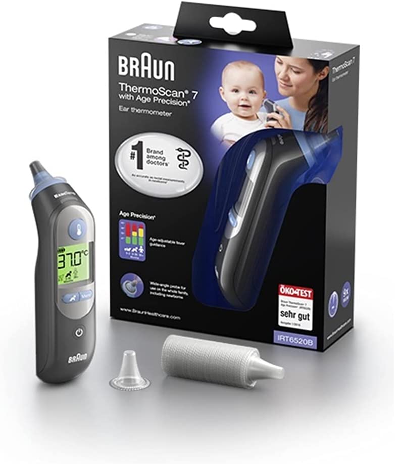 Braun ThermoScan 7 Ear Thermometer (Age Precision, color-coded temperature display, fever, safe, hygienic, clinically accurate, gentle, easy to use, baby, newborn, medical) IRT6520B