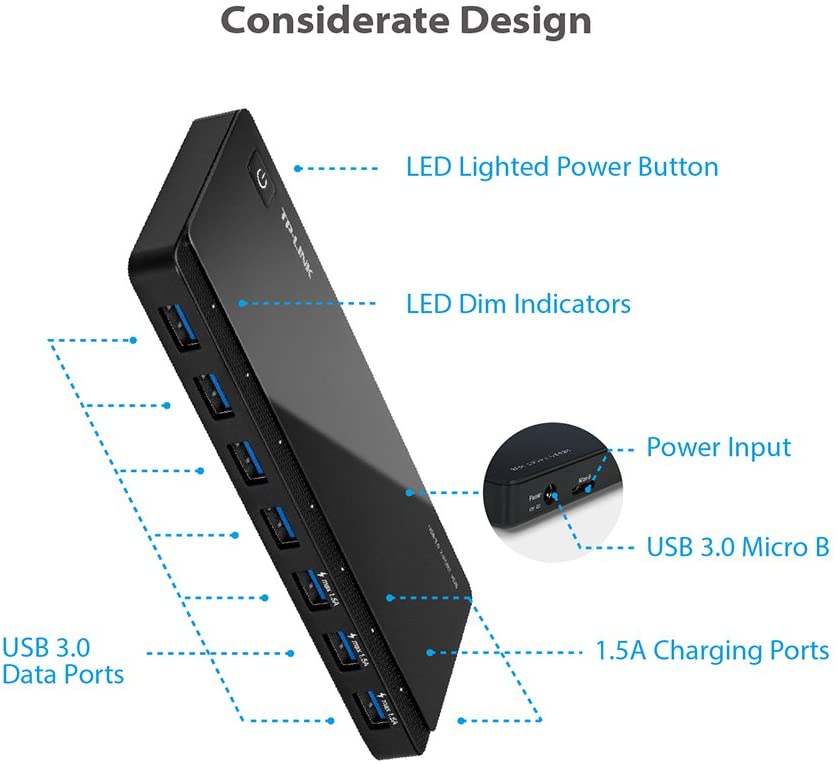TP-Link 7 ports USB 3.0 Ultra slim hub including 3 BC 1.2 charging ports up to 5 V 1.5 A