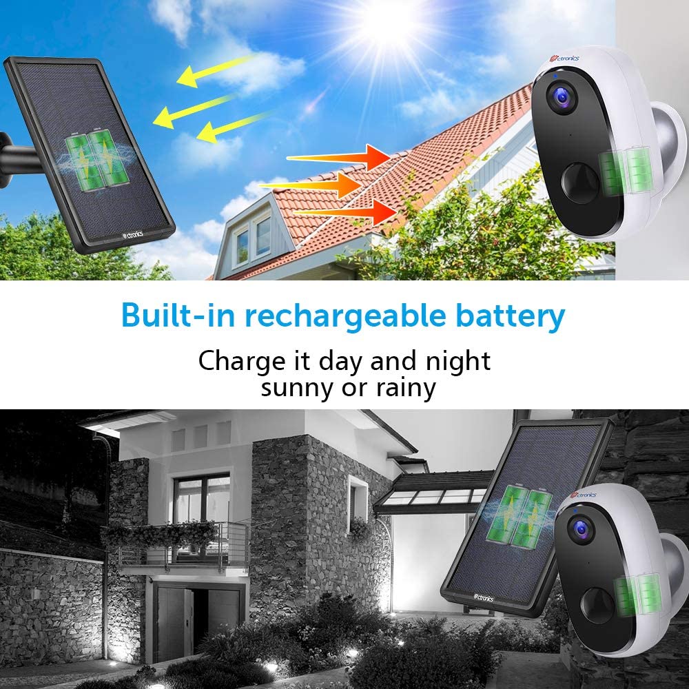 Ctronics CCTV Camera Outdoor Battery with Solar Panel, WLAN IP Camera Outdoor 10000 mAh Wireless 1080P, PIR Motion Detection, 2-Way Audio, Night Vision, Integrated SD Slot, IP66 Waterproof
