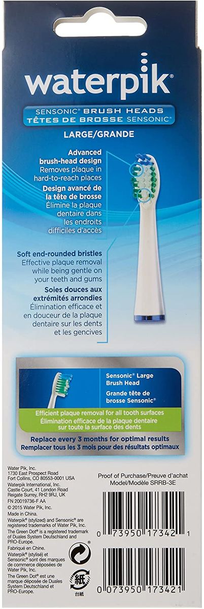 Waterpik Standard Toothbrush Heads Replacement Sonic Toothbrush Heads for Sensonic and Complete Care 3 Pack (SRRB-3E)