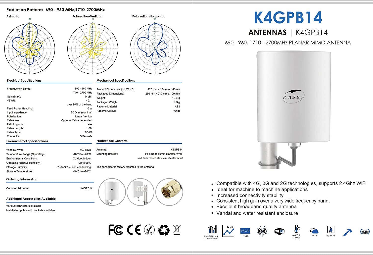 KASER 4G LTE Antenne Outdoor Externe Mimo Richtantenne 698-2700 MHz SMA Stecker mit CRC9 TS9 Adapter Koaxialkabel 3D-FB für 4G Router Verstärkung bis zu 14 dBi Empfang über 15 km (2 x 10m Kabel)