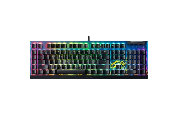 Razer BlackWidow V4 X - Fortnite Edition Mechanische Gaming-Tastatur mit RGB (Yellow Switches, 6 eigene Makro-Tasten, Doubleshot-ABS-Tastenkappen) - (USA Layout - QWERTY)