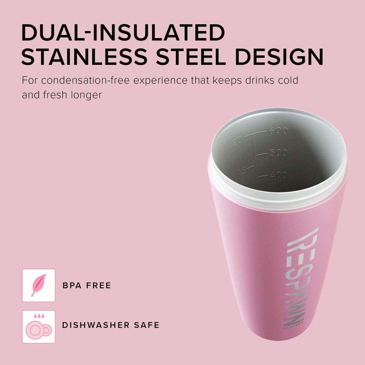 Razer Respawn Vacuum-Insulated Stainless Steel Shaker Cup 20oz pink
