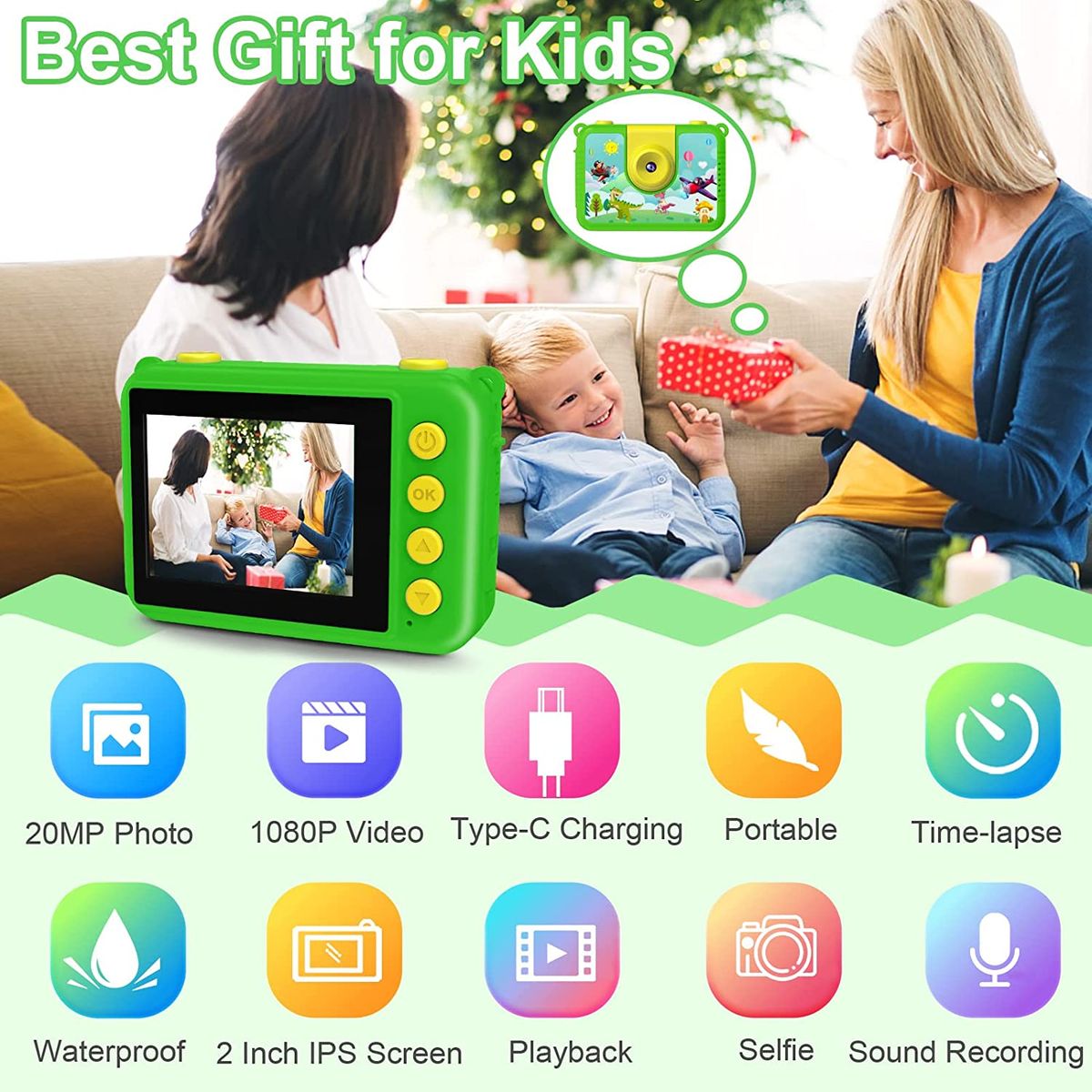 GKTZ Kinderkamera wasserdichte, 180 drehbare 20MP Digitale Action-Kamera für Kinder, Geburtstagsgeschenk Spielzeug für Kinder im Alter von 3-12, Unterwasserkamera mit 32GB SD-Karte,Grün
