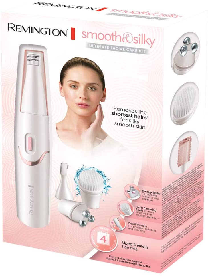 Remington facial care kit smooth&silky EP7070, facial epilator, facial cleansing brush, massage roller, trimmer, battery operated, pearlized white/pink