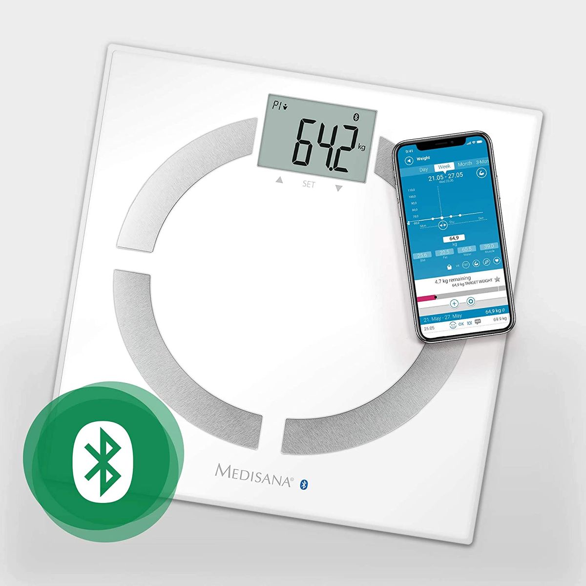 medisana BS 444 connect body composition scale 180 kg, personal scale for measuring body fat, body water, muscle mass and bone weight with Bluetooth and analysis app without e-book