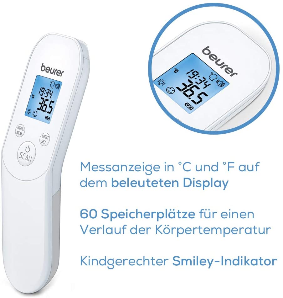 Beurer FT 85 contactless digital infrared thermometer, fast fever thermometer for hygienic, safe measurement of body temperature on the forehead without app networking.