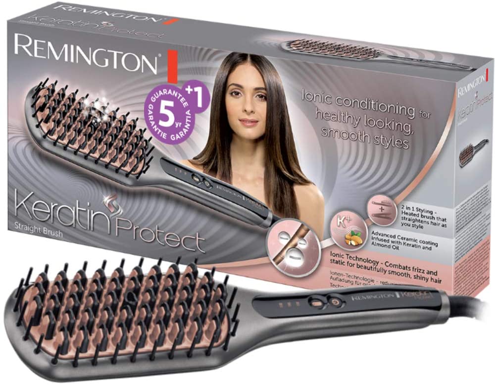 Remington Straightening Brush Keratin Protect Ion 2in1: Straightener & Hair Brush for Reduced Styling Time (Keratin Ceramic Coating Enriched with Almond Oil, Digital Display, 150-230C) CB7480