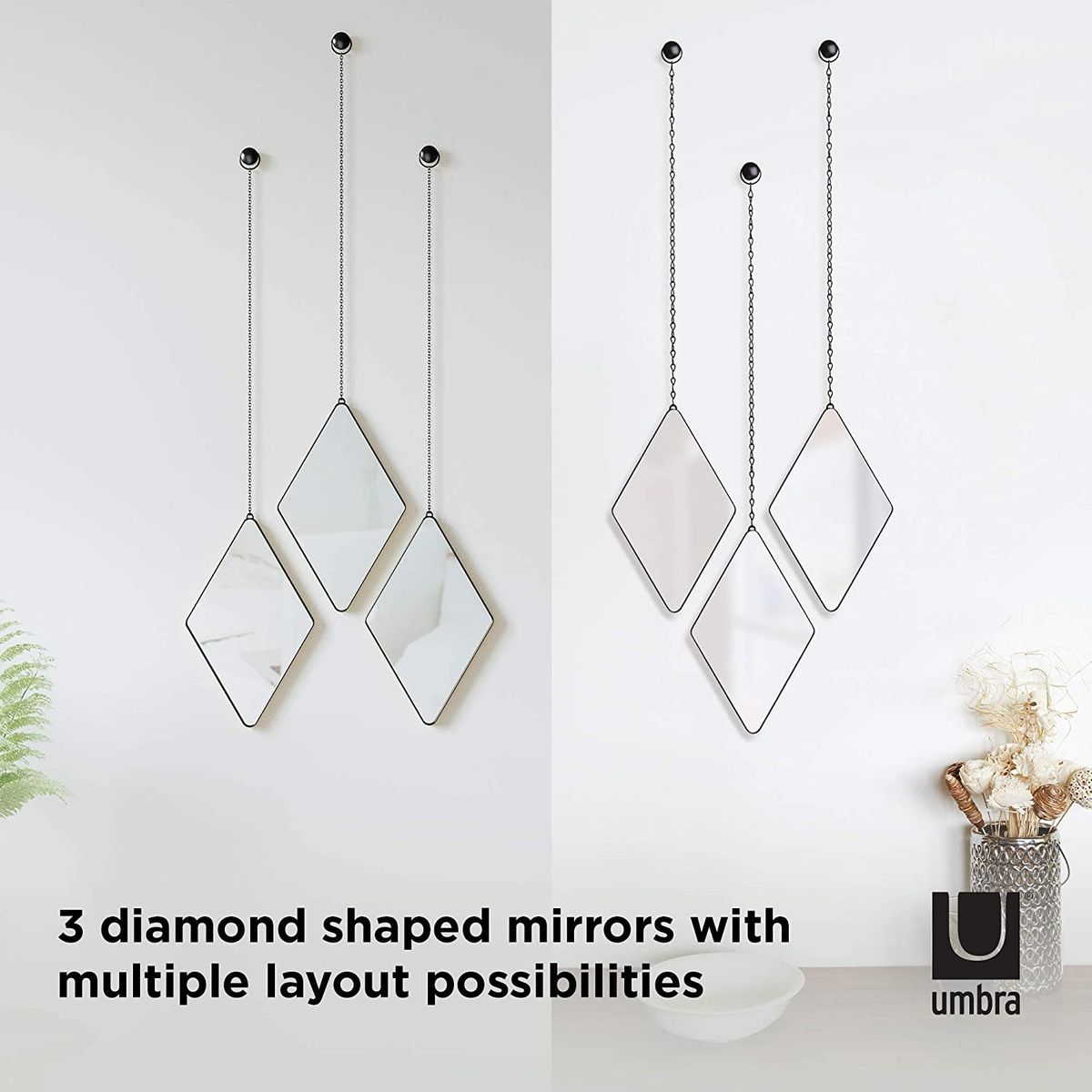 Umbra Dima 3-piece wall mirror and wall decoration, metal, brass, diamond shape 29 x 18 x 1.5 cm brass