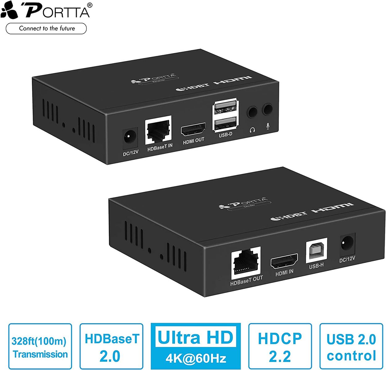 Portta HDMI HDBaseT Extender USB2.0 KVM Extension 4K@60Hz 4:2:0 100M(328ft) HDCP 2.2 über einzige UTP CAT5e/CAT6/CAT7 Ethernet Kabel mit High-Speed 6 Ports USB 2.0 Hub CEC LPCM7.1 DTS Dolby Digital