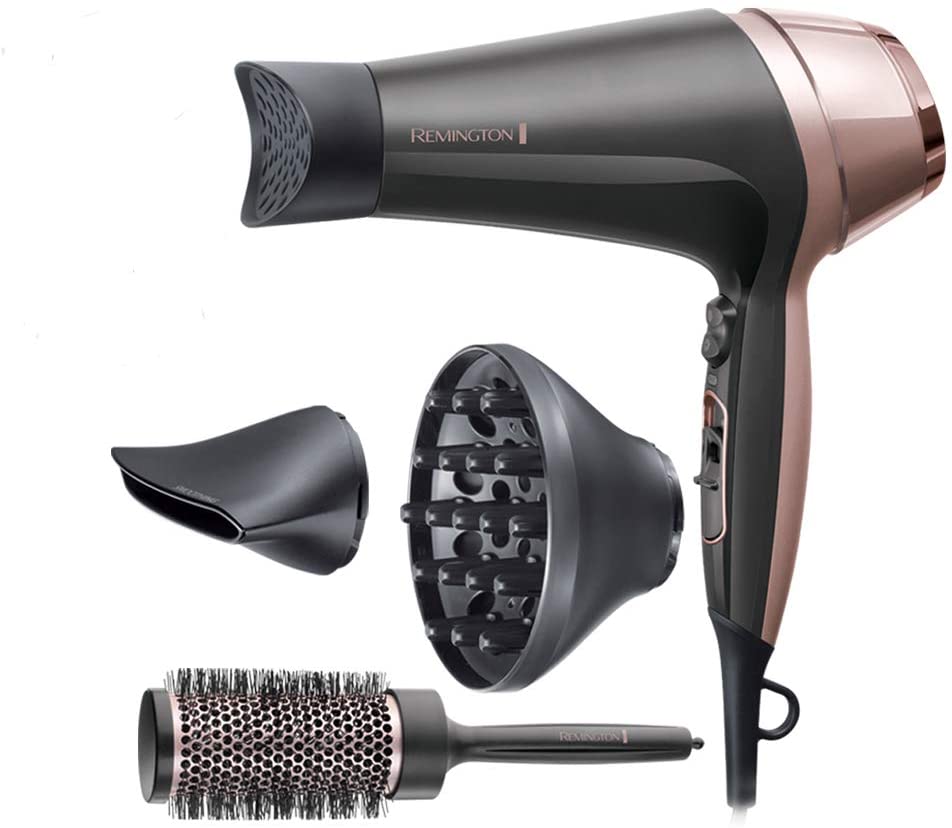 Remington hair dryer Curl&Straight, 3 styling nozzles: tapered & curl styling nozzle, diffuser & 45mm round brush for straightening, curling & waving (2200W, 3 heat & 2 separate blower settings) D5706