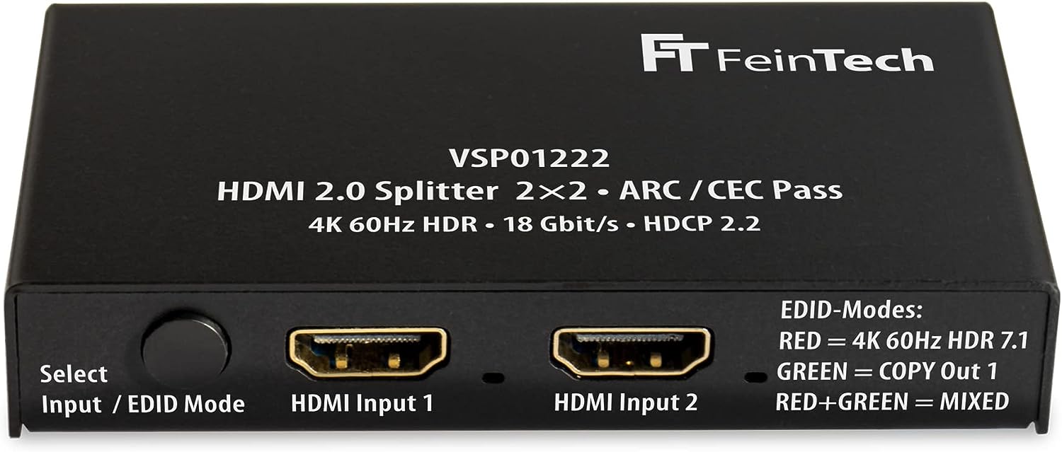 FeinTech VSP01222 HDMI 2.0 Splitter 2 Eingänge 2 Ausgänge Scaler ARC Pass für AV-Receiver 4K 60Hz HDR