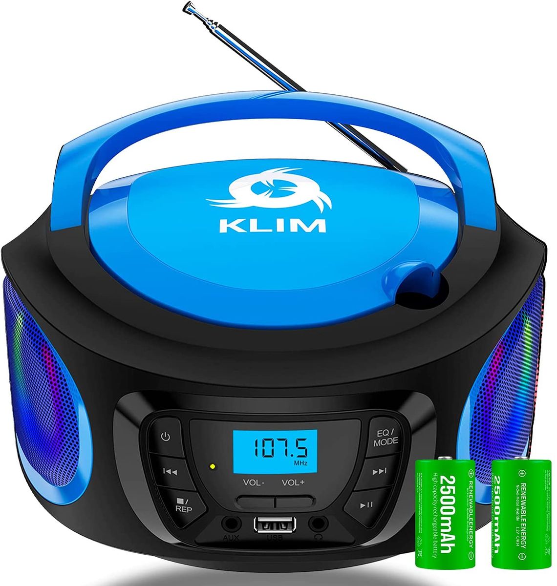 KLIM Boombox Radio with CD Player FM Radio, CD Player, Bluetooth, MP3, USB, AUX. Includes Rechargeable Batteries. Wired and Wireless Modes Blue
