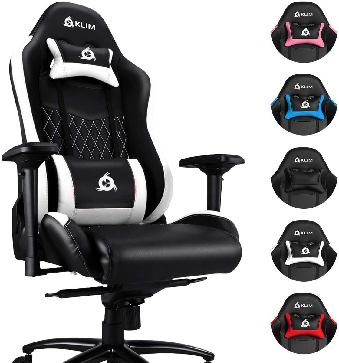 KLIM Esports Gaming Chair Executive Ergonomic Racing Computer Chair - Back & Head Support - New - Adjustable Armrest - Desk & Office Recliner - Silla Gamer - Black & White Cushion