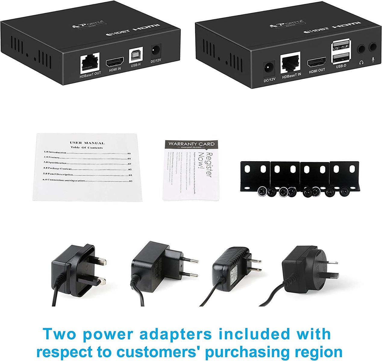 Portta HDMI HDBaseT Extender USB2.0 KVM Extension 4K@60Hz 4:2:0 100M(328ft) HDCP 2.2 über einzige UTP CAT5e/CAT6/CAT7 Ethernet Kabel mit High-Speed 6 Ports USB 2.0 Hub CEC LPCM7.1 DTS Dolby Digital