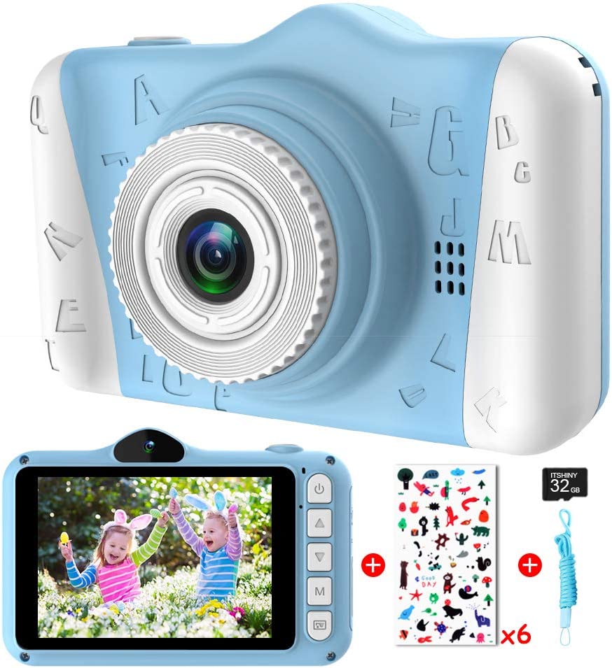 ‎ITSHINY Kinderkamera - Digitalkamera Kinder mit 3,5-Zoll-Großbildschirm 1080P HD 12MP Eingebaute 32GB SD-Karte USB Wiederaufladbare Selfie Kamera für 3-10 Jahre Alter Mädchen Geburtstag Kinder Spielzeug Blau