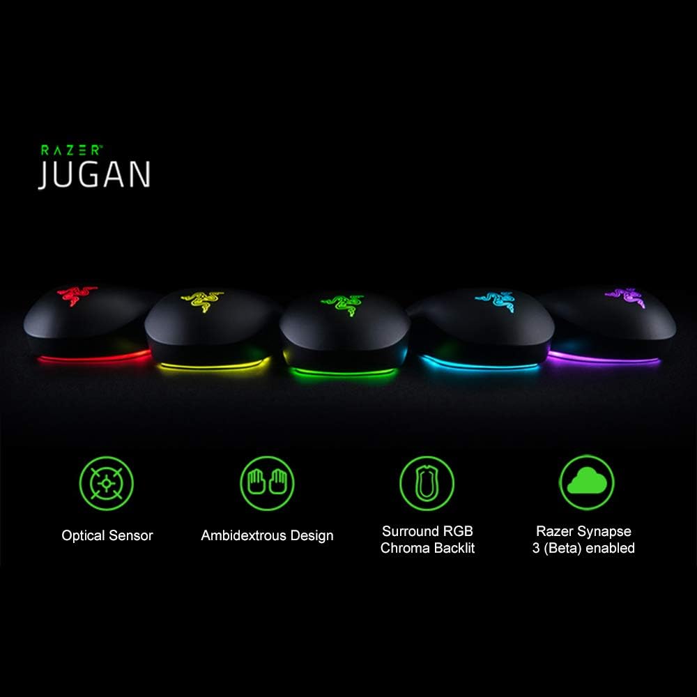 Razer Jugan Wired Gaming Mouse RGB Chroma Lighting 7200 DPI Ambidextrous Mouse Optical Sensor 3 Independently Programmable Buttons Ergonomic Design