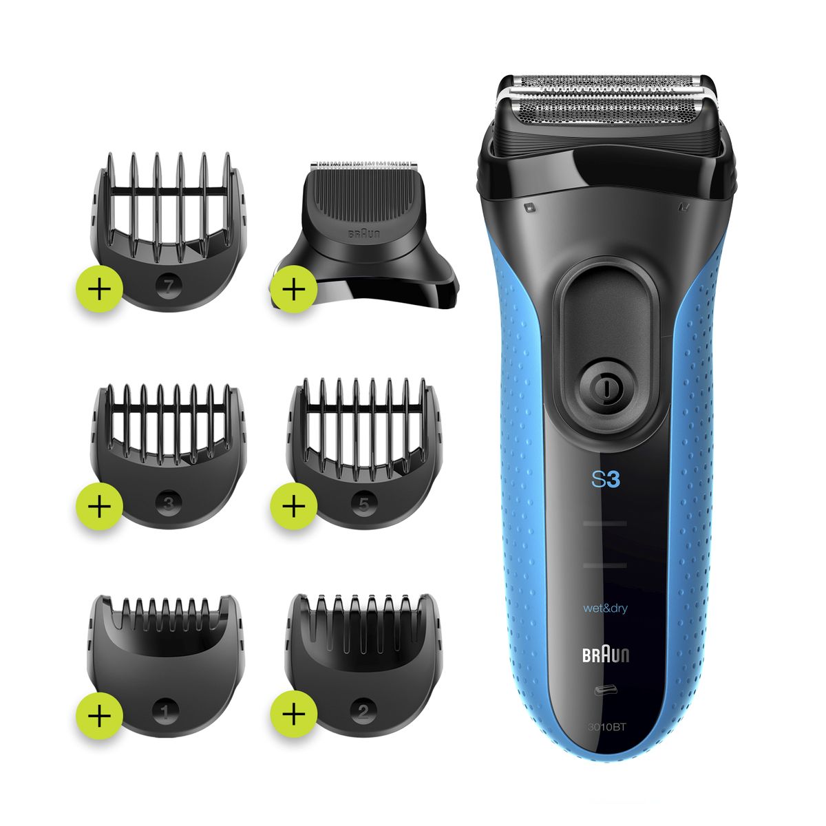 Braun Series 3 shaver men, 3-in-1 electric shaver, beard trimmer with 5 comb attachments, rechargeable and cordless electric shaver, 30 min runtime, Wet and Dry, 3010BT, blue