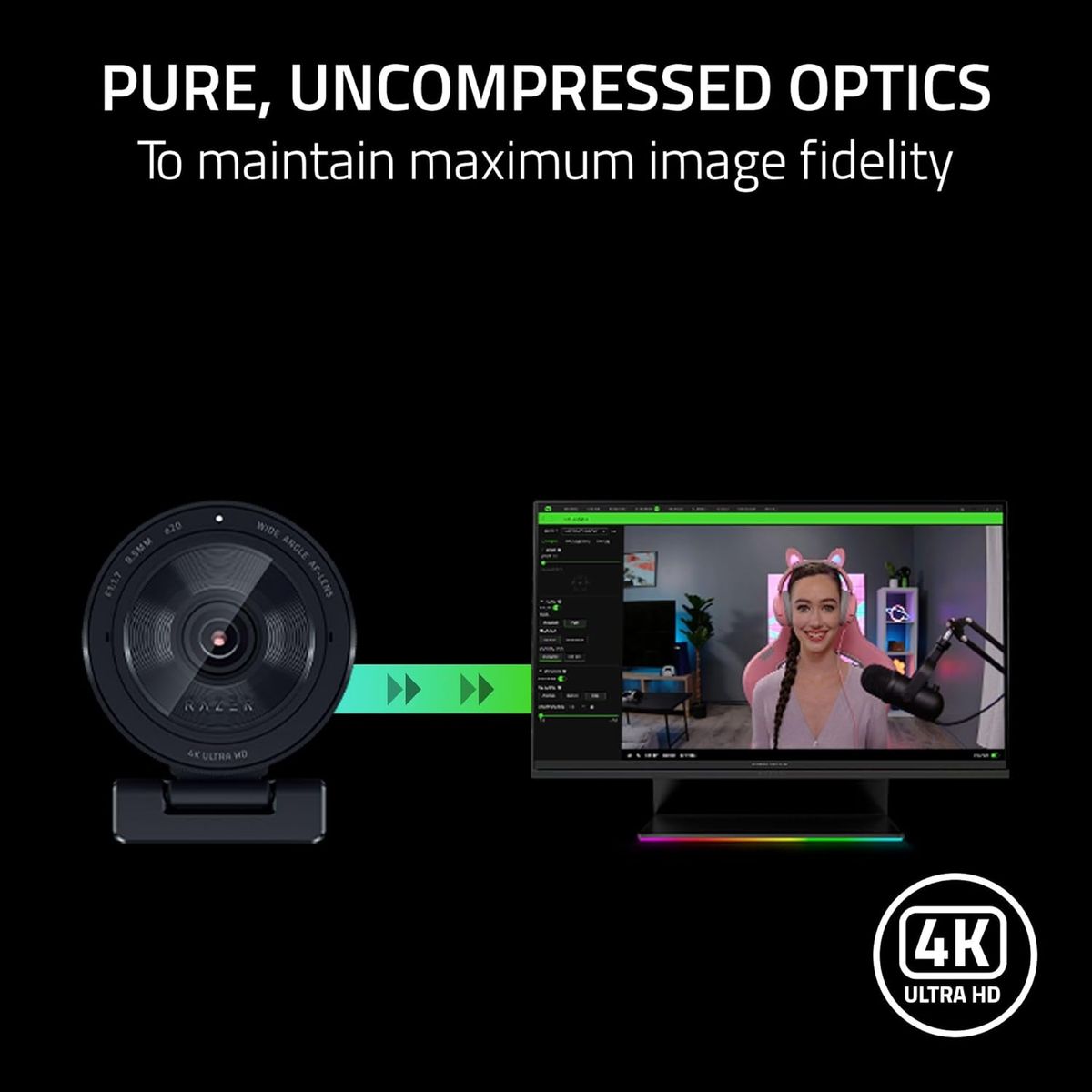 Razer Kiyo Pro Ultra 4K Webcam Großer Sensor Automatische Lichtkorrektur Eingebautes Mikrofon und Auslöser Pro Grade Content Creation, Streaming, Gaming, Videoanrufe Funktioniert mit OBS, Xsplit, PC
