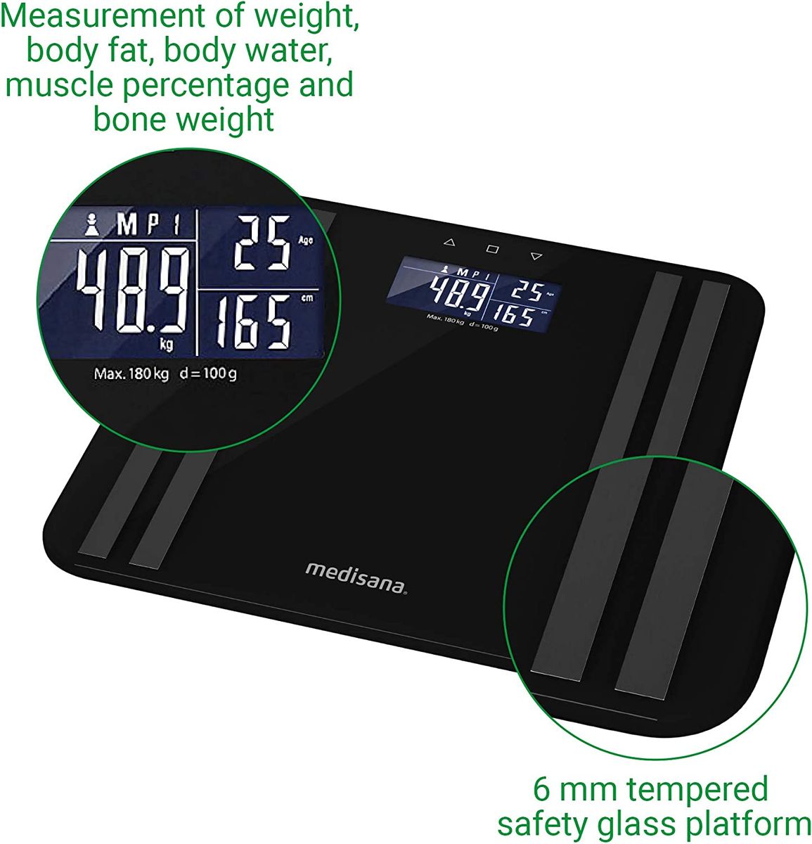 Medisana BS 465 Körperanalysewaage bis zu 180 kg, Personenwaage zur Messung von Körperfett, Körperwasser, Muskelmasse und Knochengewicht, Körperfettwaage Lichtindikator