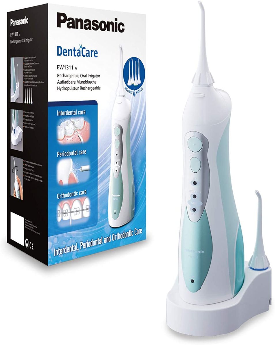 Panasonic oral irrigator EW1311 with charging station, 3-stage water jet intensity, removable water tank, cordless with normal nozzles.