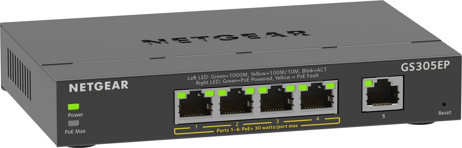 NETGEAR GS305EP PoE Switch 4 Port Gigabit Ethernet LAN Switch PoE+ 63W Plus (5 Ports Plug-and-Play, Managed Netzwerk Switch PoE, IGMP Snooping, QoS, VLAN, Lüfterloses Metallgehäuse) 5 Port | Managed | 4x PoE+ 63W
