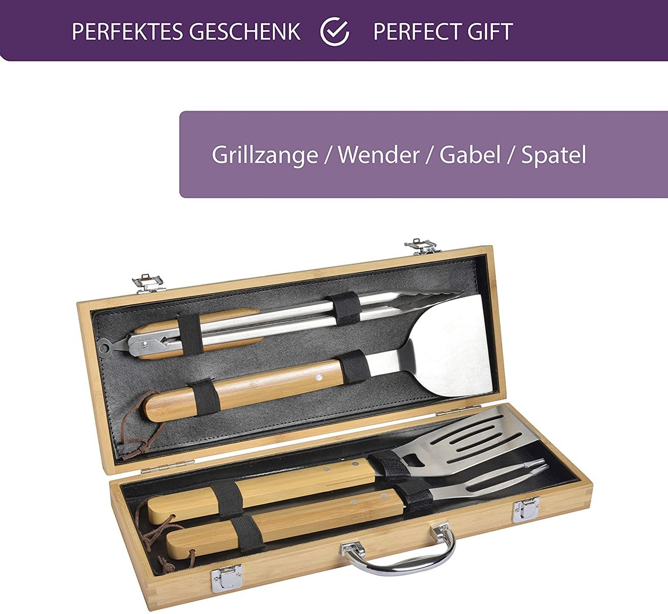 Mastrad F19266 Grill cutlery set (4 pieces) - made of bamboo and stainless steel - barbecue accessories with barbecue tongs, barbecue turner and meat fork - in practical wooden case