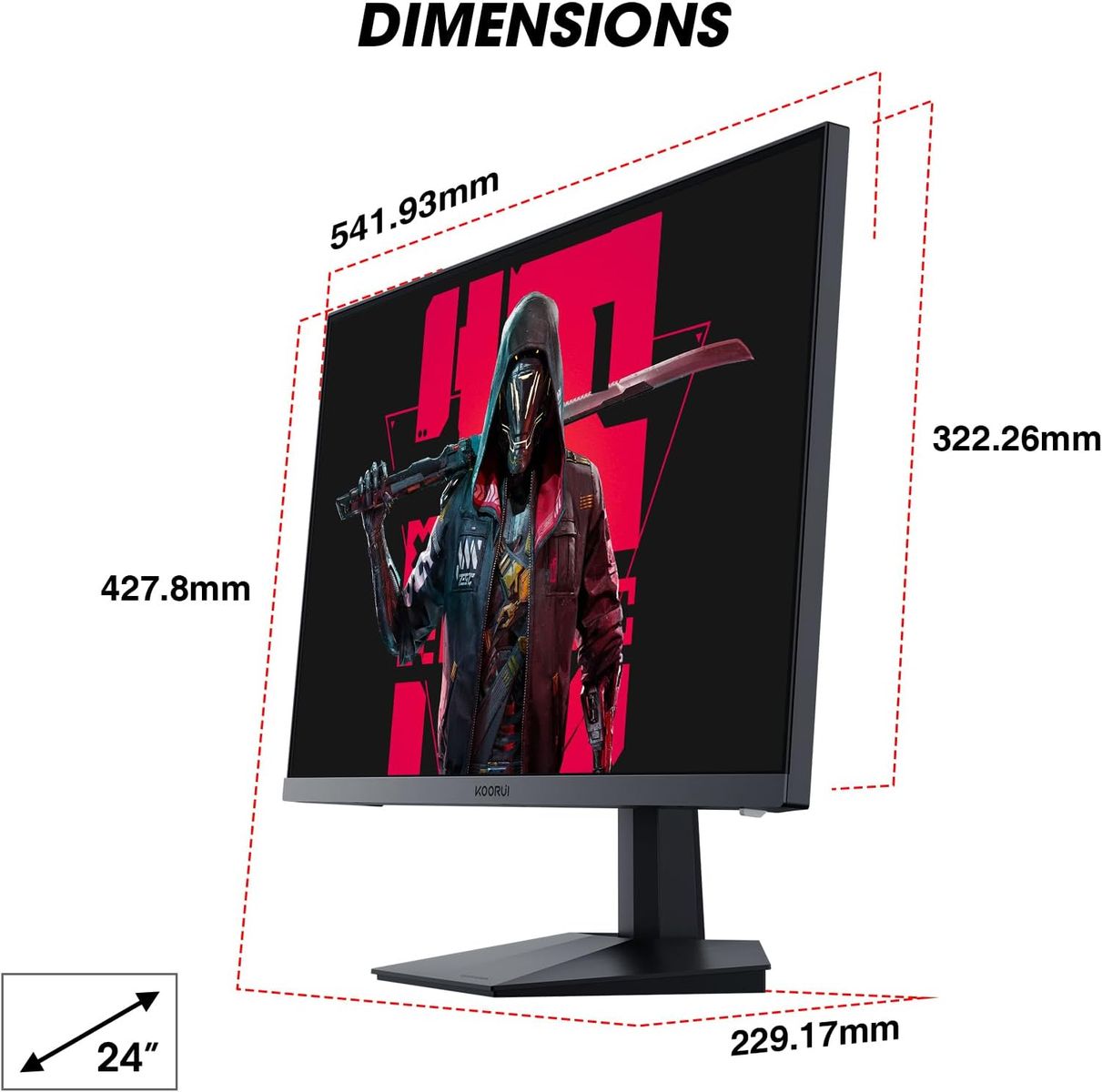 KOORUI 24 Zoll Gaming Monitor 165Hz, IPS, 1080p, 1ms, kompatibel Adaptive-Sync G-sync, Rahmenlos, HDMI, DisplayPort, Neigungsverstellbar, Augenpflege, VESA-Wandmontage, schwarz