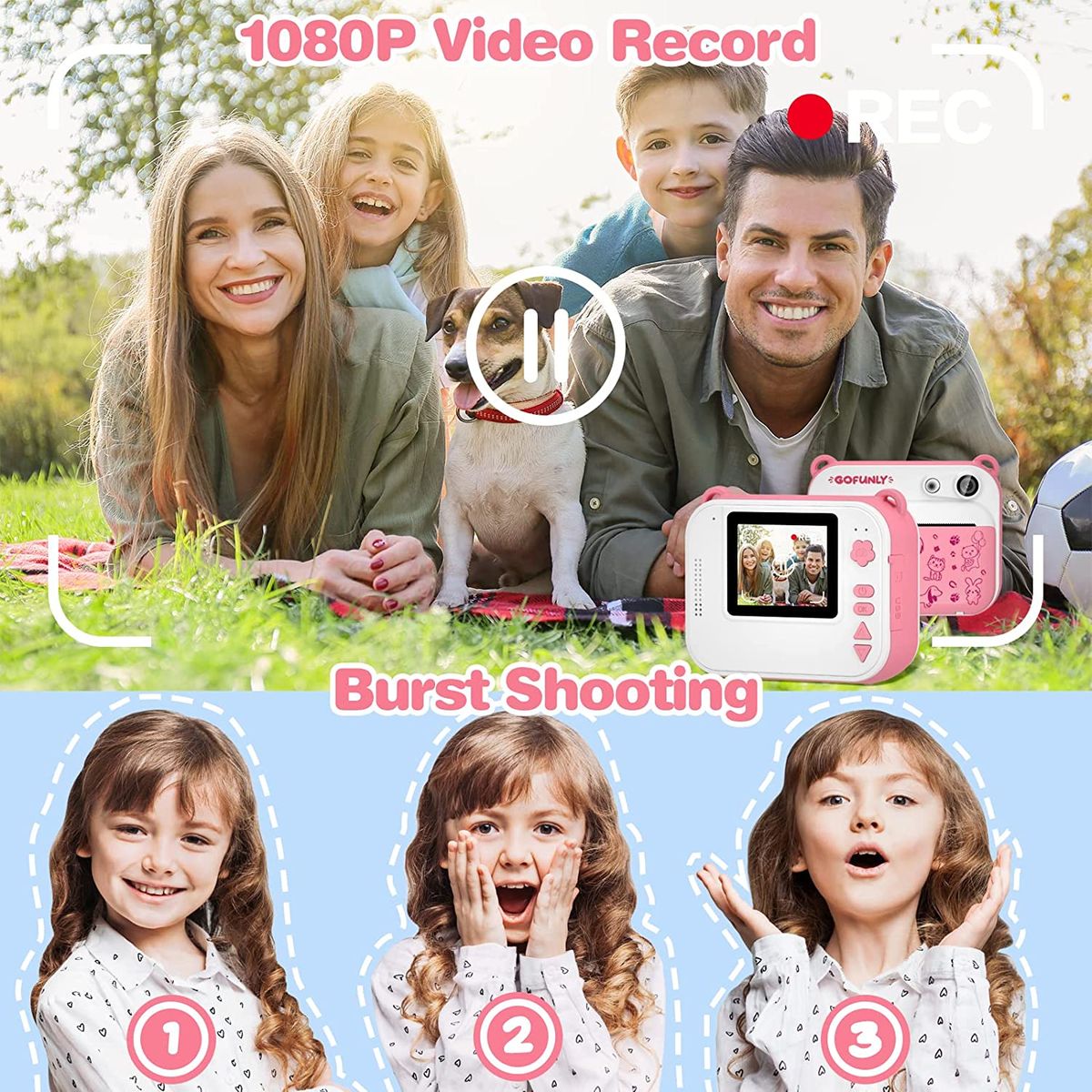 Gofunly Kinderkamera, DigitalKamera Sofortbildkamera Kinder 2,0 Zoll Bildschirm 1080P Videokamera Schwarzweiß Fotokamera,32GB SD Karte,3 Rollen Druckpapier,5 Farbstift Geschenk für 3-12 Jahre Kinder S-Pink