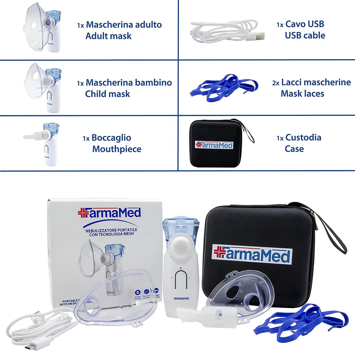 FARMAMED Inhalator Aerosol Mesh Vernebler Tragbar Geräuscharmes, für Kinder und Erwachsene, mit Mundstück und Masken, elektrischer Inhalator, doppelte Stromversorgung, mit USB-Kabel wiederaufladbar.
